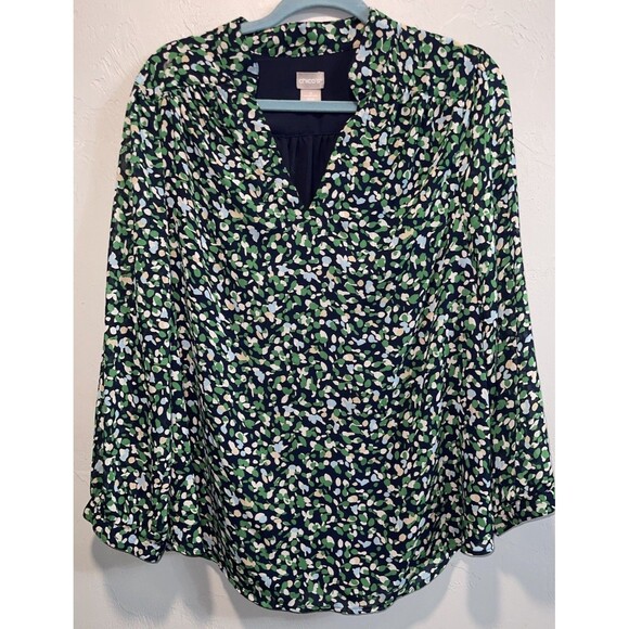 Chico's Tops - Chico’s Size 2 Shirt Navy Green Floral V-Neck Lined Long Sleeve Button Cuff Top